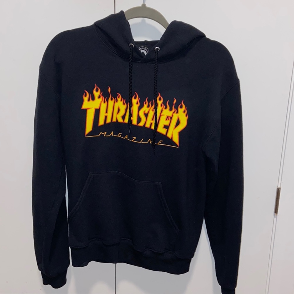 Authentic Black Thrasher Hoodie with Orange Flames Logo